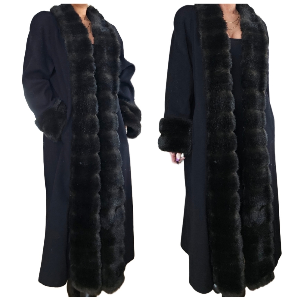 Vintage Wool & Vegan Fur Full Length Long Black Alorna Faux Fur Penny Lane Coat - Picture 3 of 7
